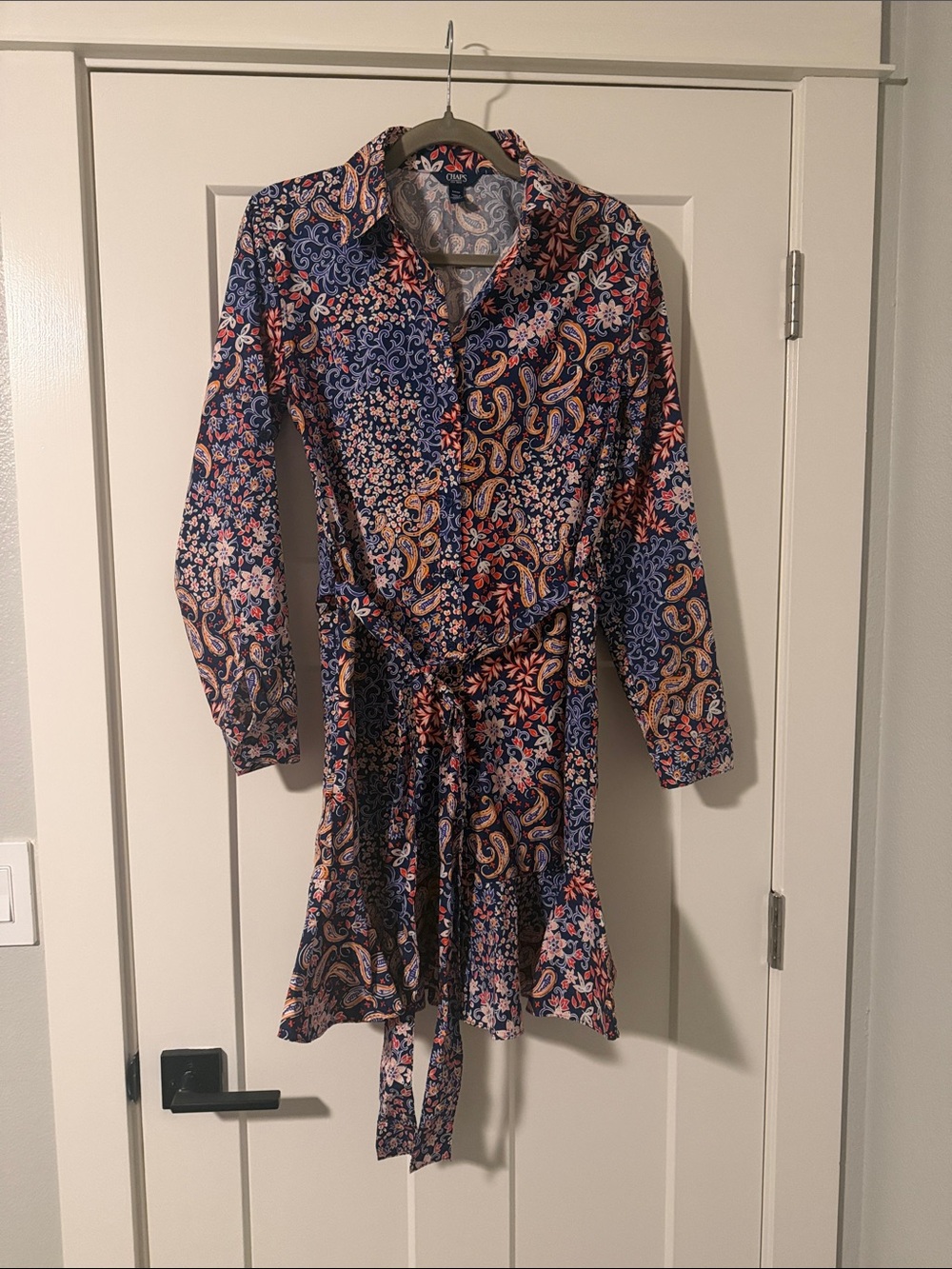 Chaps Navy Paisley Long-Sleeve Tie-Waist Shirt Dress with Pink Accents